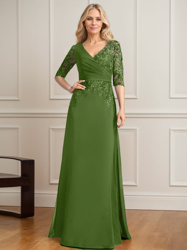 Vestido de novia de corte A, escote en V, largo hasta el suelo, de gasa de encaje con lentejuelas plisadas. 