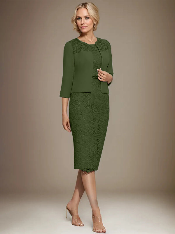 Vestido de novia de gasa con encaje, corte recto y escote redondo hasta la rodilla, con pedrería, para la madre de la novia. 