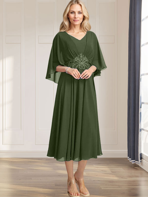 Vestido de corte A, escote en V, largo té, de gasa, para la madre de la novia, con apliques de lentejuelas plisadas, encaje y cuentas. 