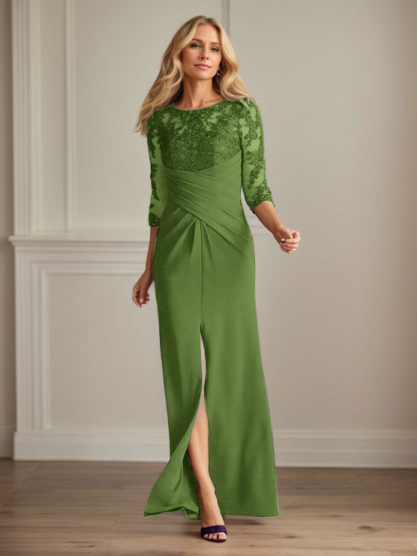 Vestido de madrina de la novia color ciruela, de encaje elástico y corte sirena. 
