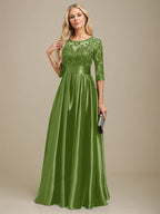 Robe de mariée longue en satin stretch dentelle et dentelle, coupe trapèze, décolleté illusion, ornée d'un nœud à sequins 