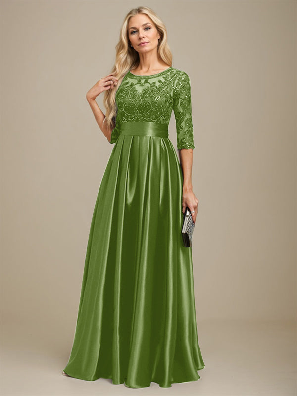 Vestido de madrina de la novia, corte en A, escote ilusión, largo hasta el suelo, satén elástico con encaje y lazo de lentejuelas. 