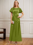 Robe de mère de la mariée en satin stretch, coupe trapèze, longueur cheville, décolleté rond et ornée de perles plissées 
