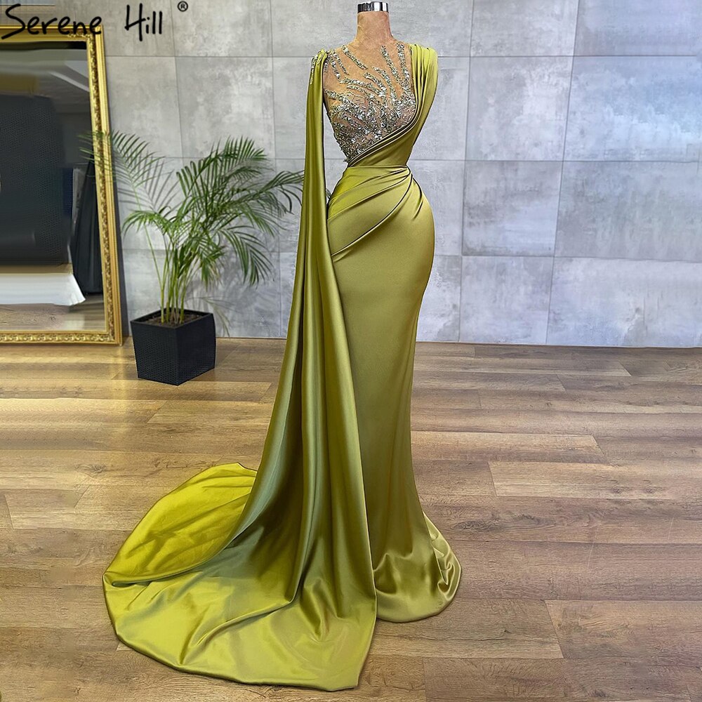 Olive Green Mermaid Satin Evening Dresses Gowns 2025 Elegant Beaded Cape Sleeve For Women Party LA71283