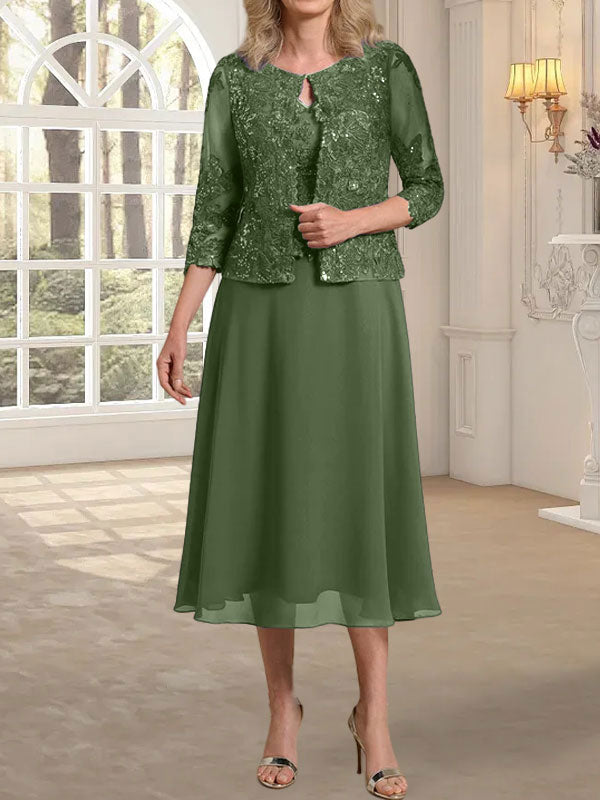 Vestido de novia de corte línea A, escote redondo, largo hasta la rodilla, de encaje y gasa con lentejuelas. 
