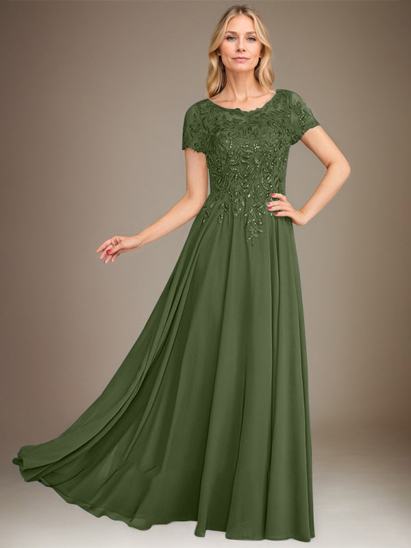 Vestido de corte A, escote redondo, largo hasta el suelo, de gasa, para la madre de la novia, con apliques y lentejuelas. 