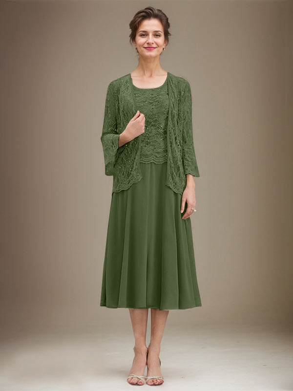 Vestido de novia de corte línea A, escote redondo, largo hasta la rodilla, de encaje y gasa con lentejuelas. 