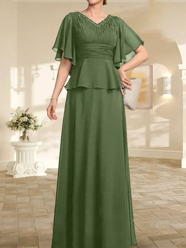 Vestido de gasa de corte A, escote en V, largo hasta el suelo, para la madre de la novia, con plisados ​​y cuentas.
