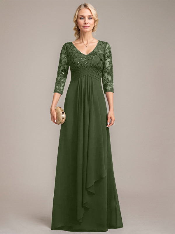 Vestido de novia de corte línea A, escote en V, largo hasta el suelo, de gasa de encaje con volantes en cascada y lentejuelas. 