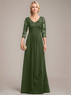 Vestido de novia de corte línea A, escote en V, largo hasta el suelo, de gasa de encaje con volantes en cascada y lentejuelas. 