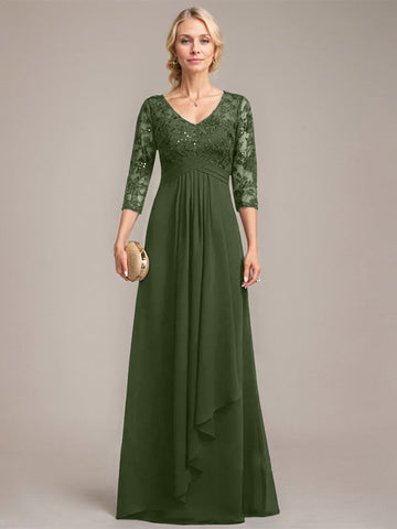 A-line V-Neck Floor-Length Lace Chiffon Mother of the Bride Dress With Cascading Ruffles Sequins