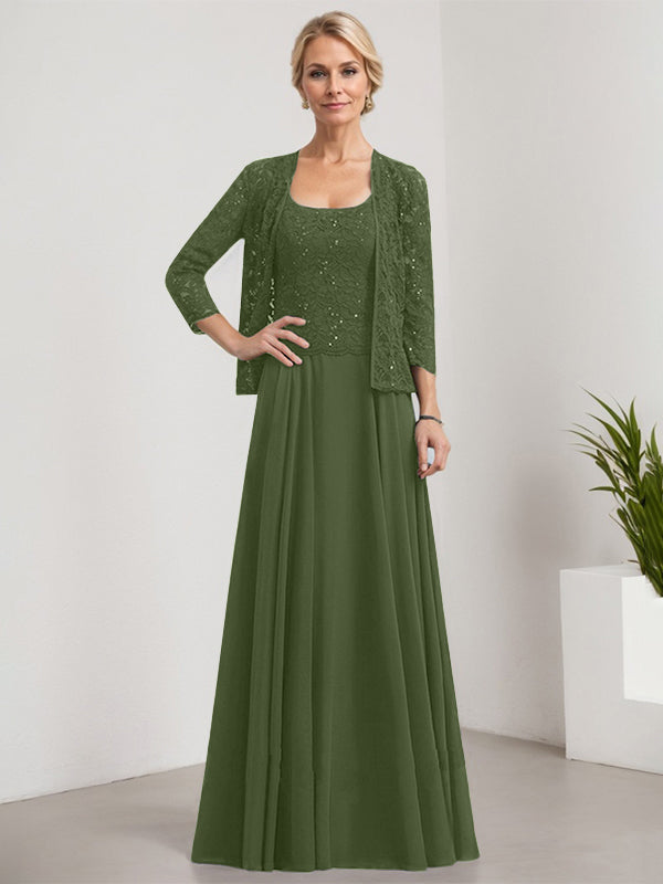 Vestido de corte A, cuadrado, largo hasta el suelo, de encaje y gasa con lentejuelas para la madre de la novia 