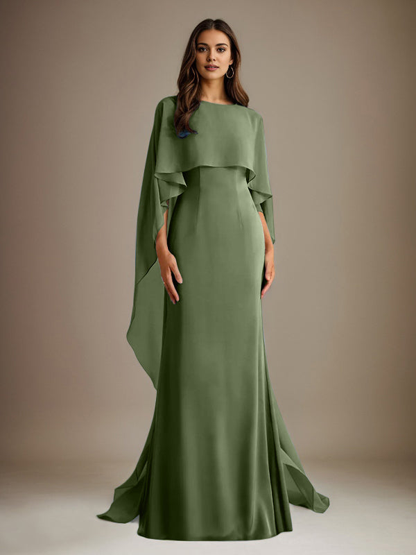 Vestido de gasa de corte recto/columna, escote barco y largo hasta el suelo, para la madre de la novia, con volantes en cascada. 