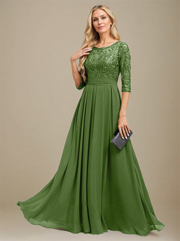 A-Line Scoop Floor-Length Lace Chiffon Mother Of the Bride Dress With Sequins Applique