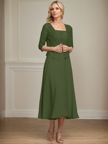 Vestido de corte A, largo midi, de gasa, encaje y lentejuelas para la madre de la novia. 