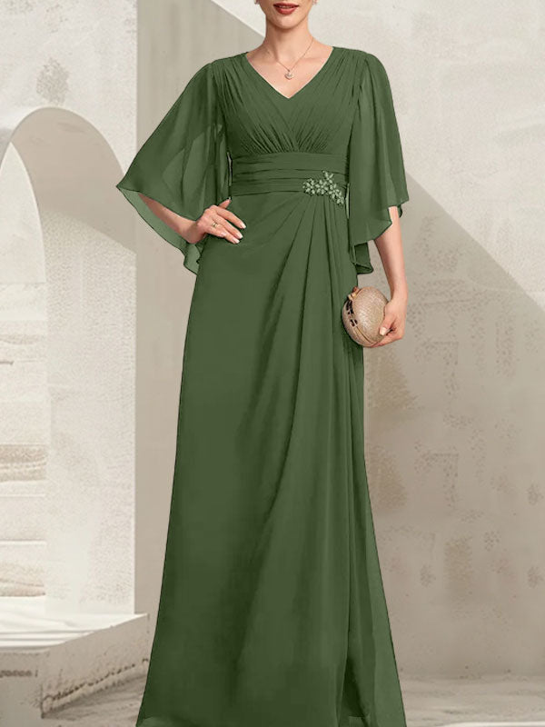 Vestido de corte recto/columna, escote en V, largo hasta el suelo, de gasa, para la madre de la novia, con lentejuelas plisadas y pedrería.
