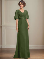Vestido de corte A, escote en V, largo hasta el suelo, de gasa, para la madre de la novia, con apliques de lentejuelas plisadas y encaje.