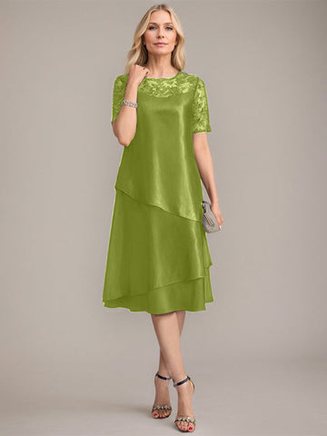 Vestido de corte A, escote redondo, largo hasta la rodilla, para la madre de la novia, con apliques y lentejuelas. 