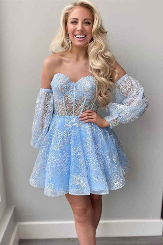 Vestido de fiesta de línea A con escote corazón, corsé y mangas