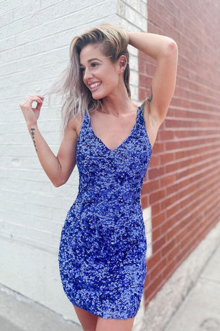 Chic V Neck Open Back Sequins Short Homecoming Dresses