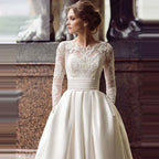 Robes de mariée en satin plissé 2023, applications de dentelle, traîne balayée, manches longues, col montant, robe de mariée de cérémonie 