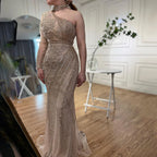 On Sale no return no refund One-Shoulder Beaded Turquoise Mermaid Evening Dress for Women's Wedding Party at LA72067