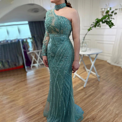 Robe de soirée sirène turquoise à une épaule et perles, en solde, sans retour ni remboursement, pour mariage, chez LA72067 