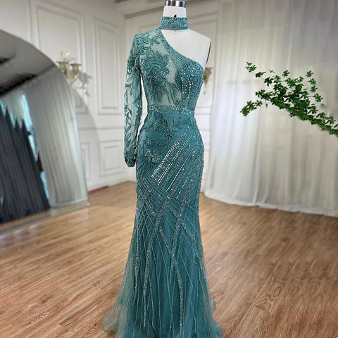 Robe de soirée sirène turquoise à une épaule et perles, en solde, sans retour ni remboursement, pour mariage, chez LA72067 