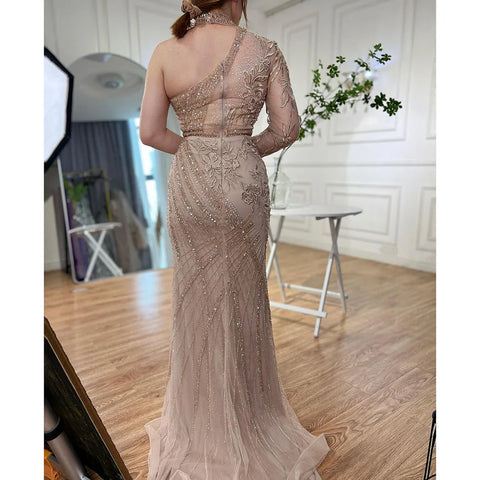 Robe de soirée sirène turquoise à une épaule et perles, en solde, sans retour ni remboursement, pour mariage, chez LA72067 