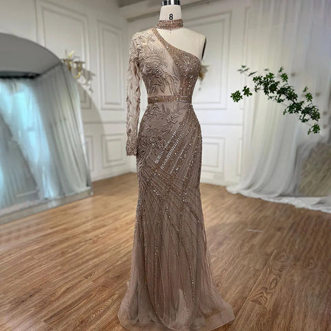 Robe de soirée sirène turquoise à une épaule et perles, en solde, sans retour ni remboursement, pour mariage, chez LA72067 