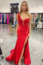 Robe de bal rouge plissée en dentelle florale 3D asymétrique avec fente