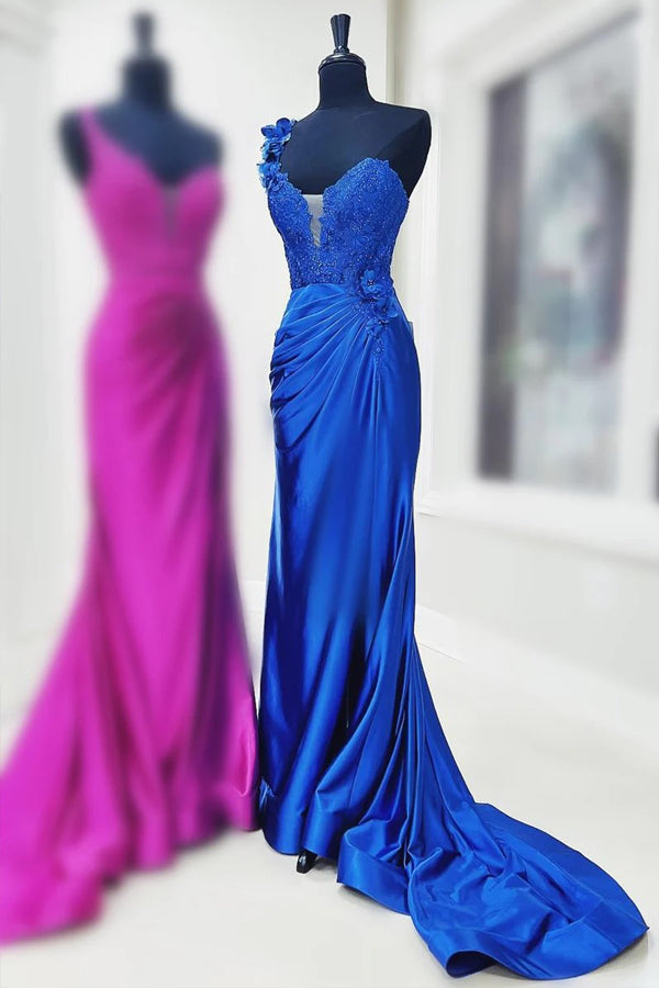 Robe de bal rouge plissée en dentelle florale 3D asymétrique avec fente