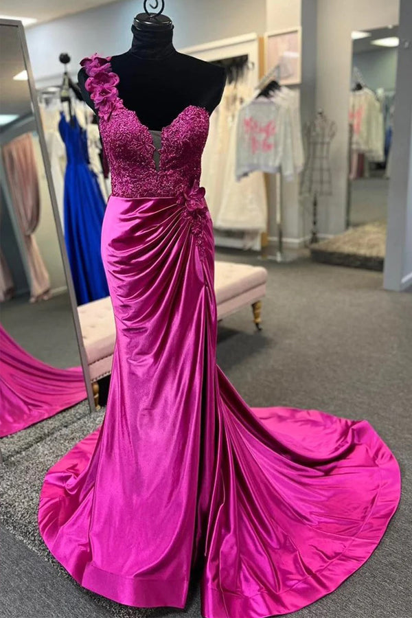 Robe de bal rouge plissée en dentelle florale 3D asymétrique avec fente