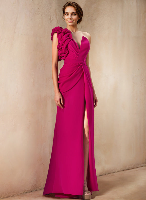 Robe fourreau/colonne asymétrique à une épaule pour la mère de la mariée, avec fente latérale 