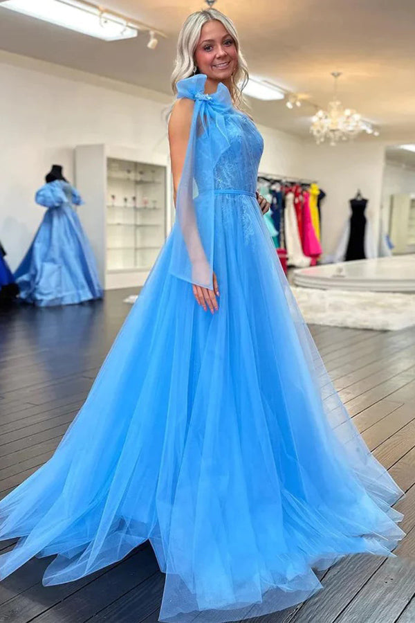 Vestido largo de fiesta azul de encaje con un solo hombro y abertura PSK537