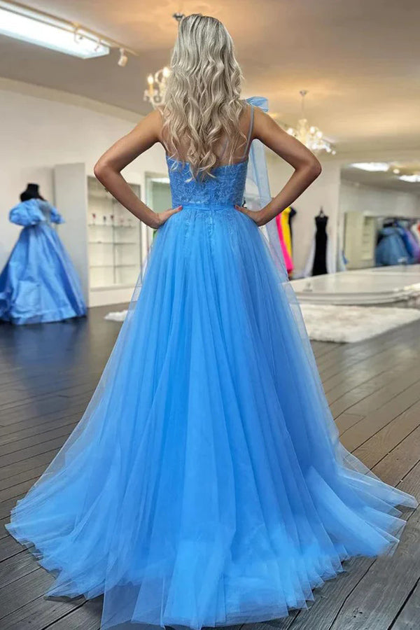 Vestido largo de fiesta azul de encaje con un solo hombro y abertura PSK537