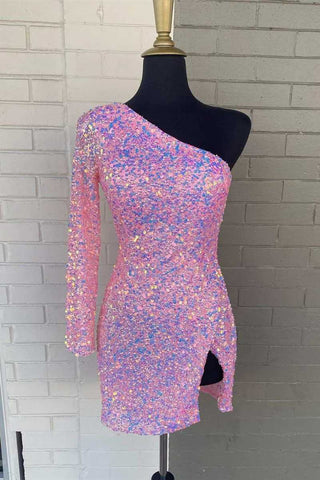 Long Sleeve Sequined Hot Pink Homecoming Dress SYH18