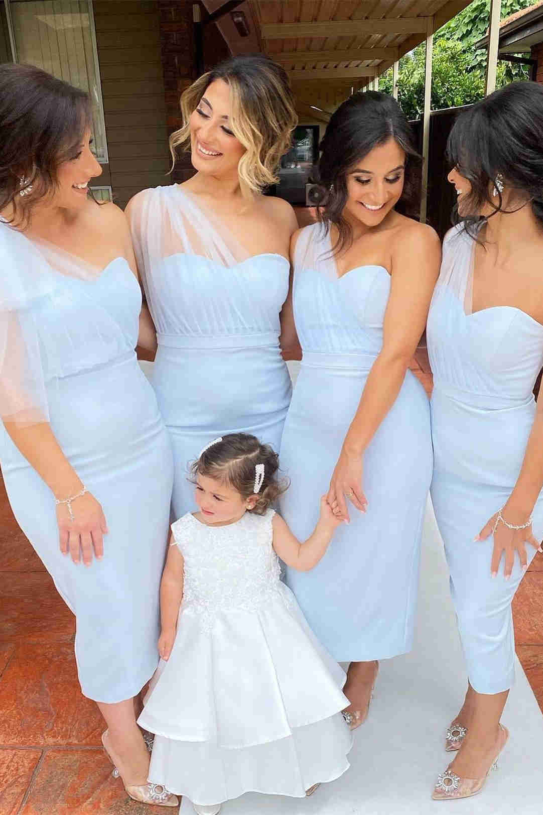 Pink Tea Length Mermaid Bridesmaid Dress VMB64