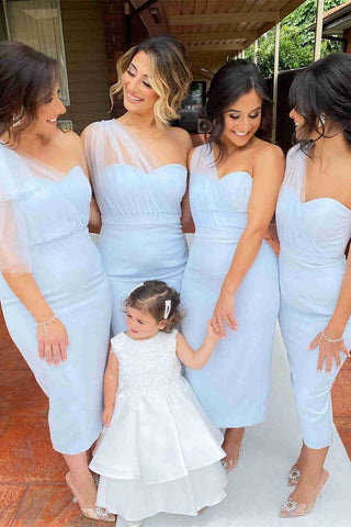 Vestido de dama de honor rosa de corte sirena y largo hasta la rodilla VMB64