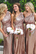 Vestido de dama de honor con un solo hombro y lentejuelas en oro rosa VMB39