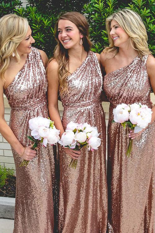 Vestido de dama de honor con un solo hombro y lentejuelas en oro rosa VMB39