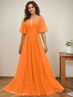 Vestido de corte A, escote en V, largo hasta el suelo, de gasa, para la madre de la novia, con apliques de lentejuelas y encaje plisado. 