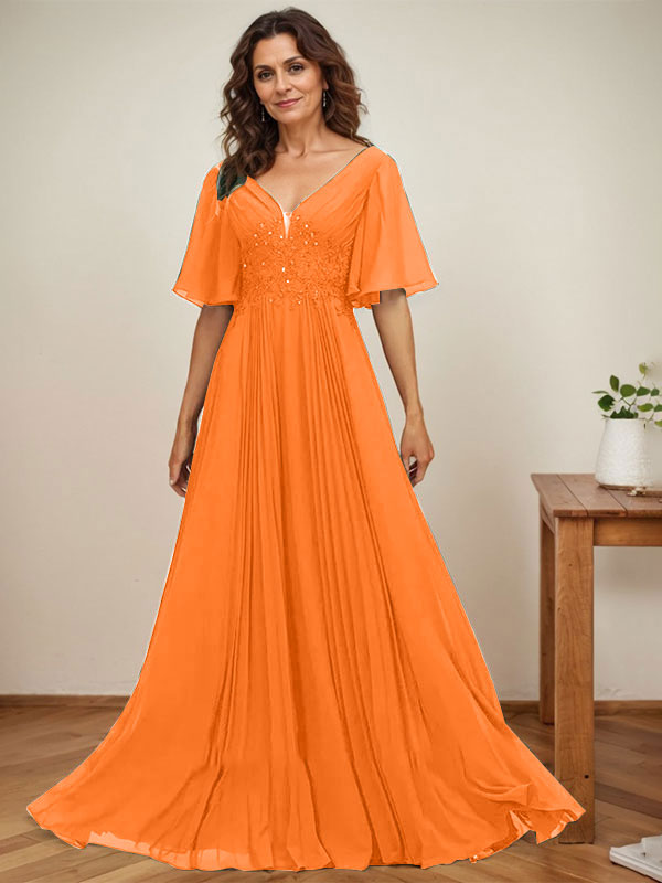Vestido de corte A, escote en V, largo hasta el suelo, de gasa, para la madre de la novia, con apliques de lentejuelas y encaje plisado. 