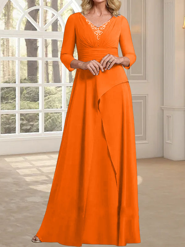 Vestido de gasa de corte A, escote en V, largo hasta el suelo, para la madre de la novia, con plisados ​​y cuentas.