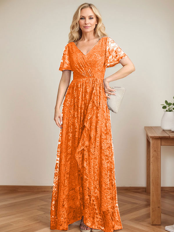 Vestido de novia de encaje asimétrico con escote en V y corte en A para la madre de la novia, con volantes en cascada. 