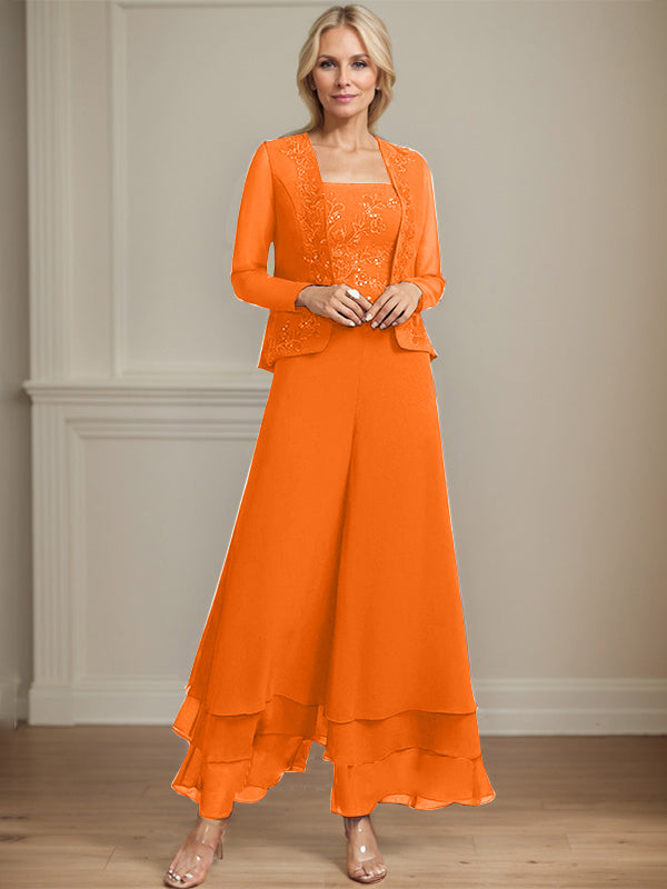 Conjunto de pantalón y chaqueta de dos piezas, corte cuadrado, largo hasta el tobillo, encaje, gasa, vestido de madre de la novia con lentejuelas 