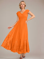 Vestido de gasa de corte evasé, escote en V, largo hasta el tobillo, para la madre de la novia, con apliques de lentejuelas. 