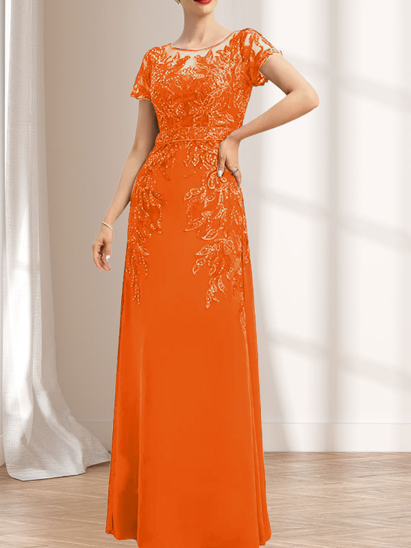 Vestido de novia de corte recto/columna, escote redondo, ilusión, largo hasta el suelo, de encaje y gasa con lentejuelas.