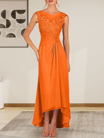Champagne A-Line Scoop Lace Chiffon Dress