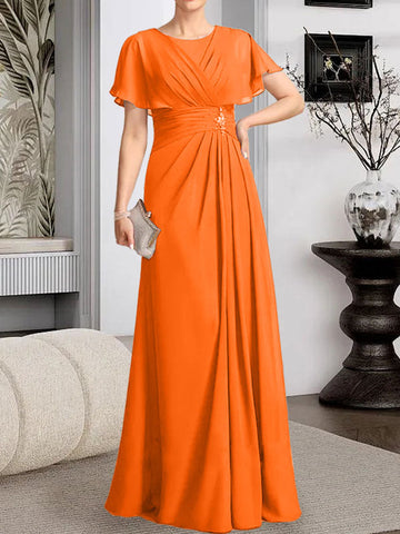 A-line Scoop Floor-Length Chiffon Mother of the Bride Dress With Pleated Beading